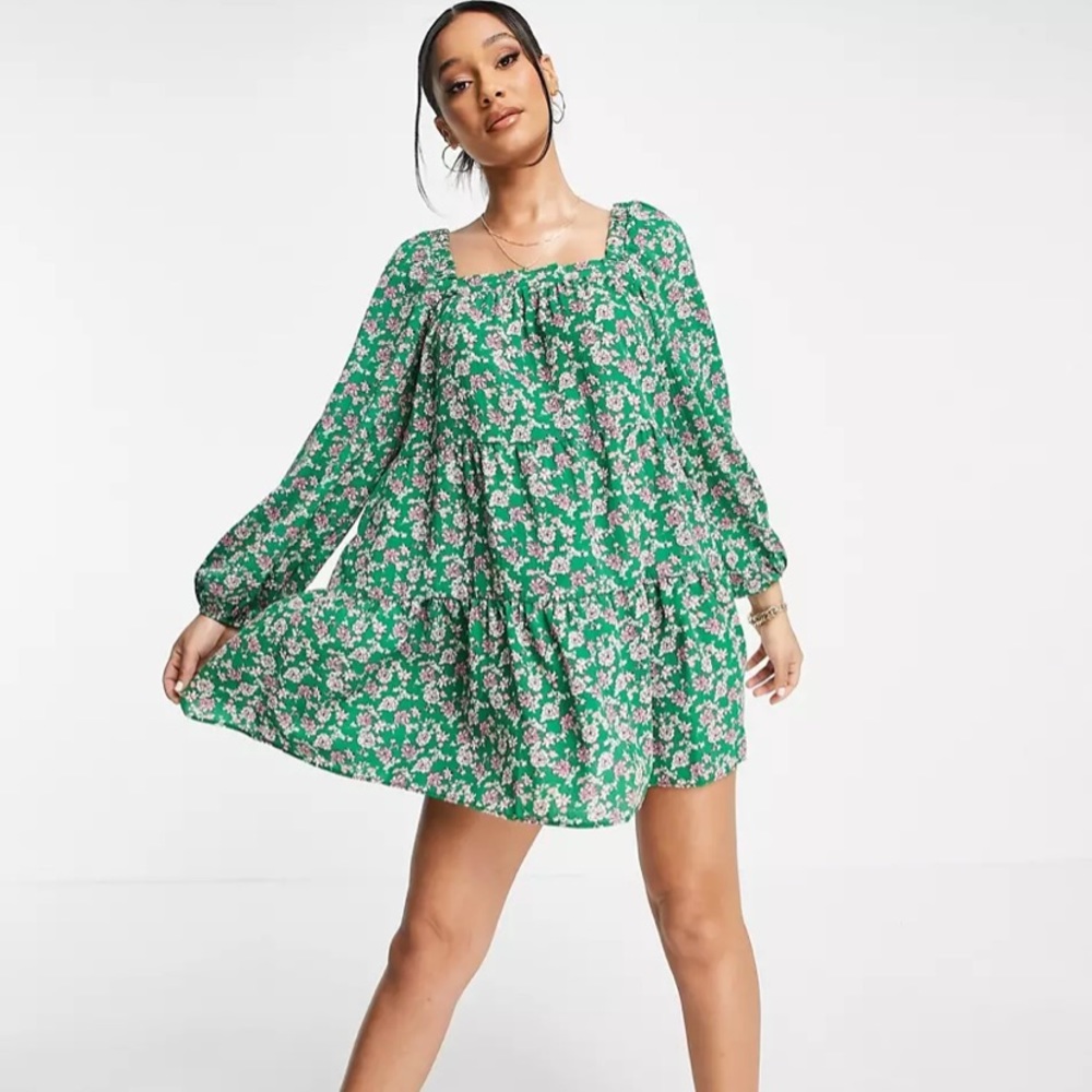 Tiered trapeze mini smock dress green floral